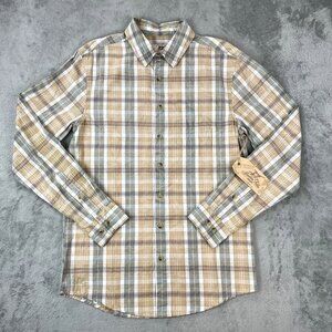 NWT Madda Fella Brand Plaid Poplin Tan Multicolor Button Up Long Sleeve Shirt S